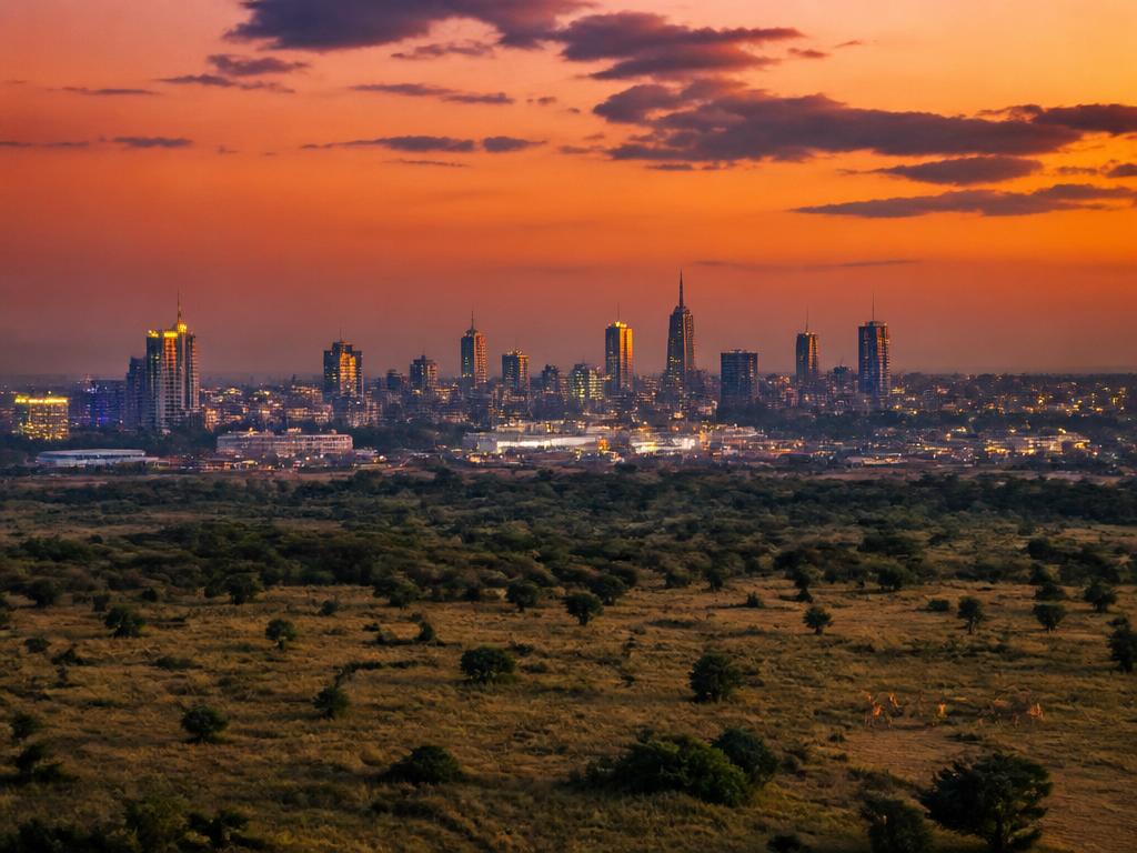 Aerial view of Nairobi city at dusk with the national park in the foreground